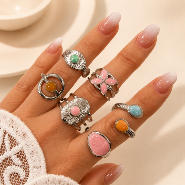 a kit x 6 anillos surtidos talles regulables modelo esmaltados a.q