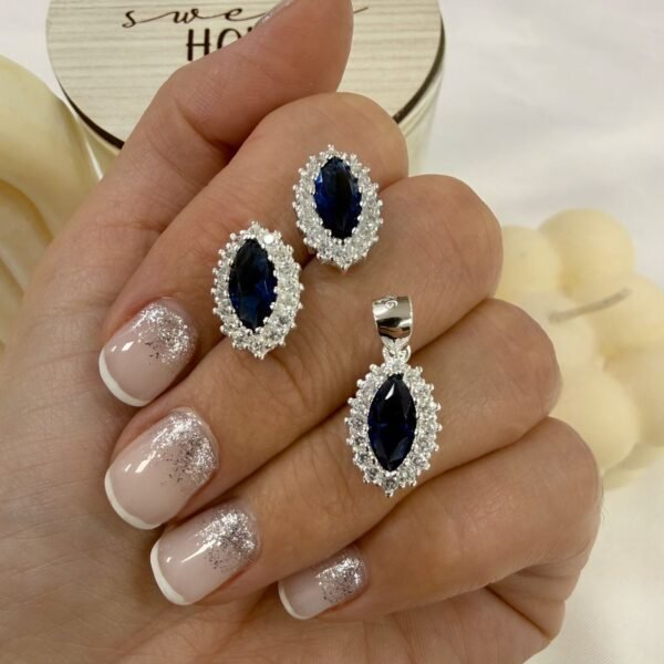 conjunto plata 925 dije y aros cubic circon azul mod 12