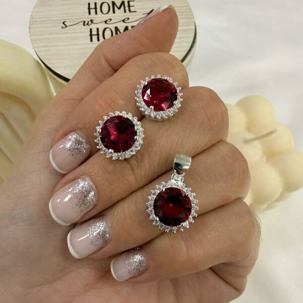 conjunto plata 925 dije y aros cubic rubi mod 10