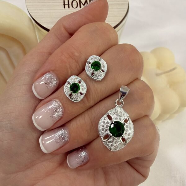 conjunto plata 925 dije y aros cubic esmeralda mod 5
