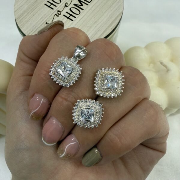 conjunto plata 925 dije y aros cubic rosa mod 7