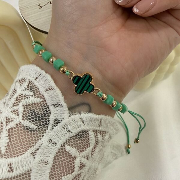 pulsera Van CL 2 ajustables con bolitas facetadas doradas verde