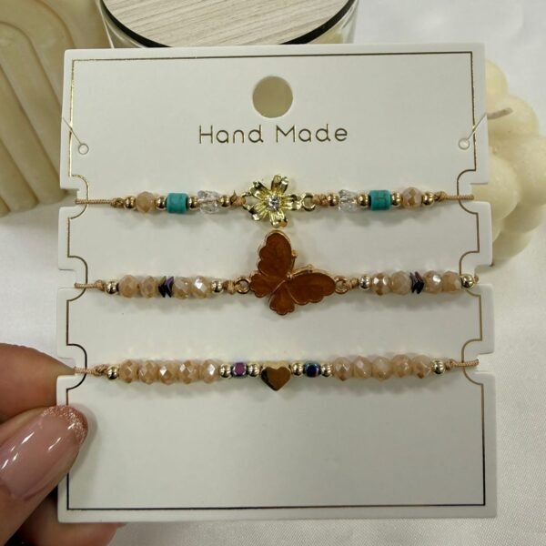 set x 3 pulseras extensibles encartonadas mariposa peltre
