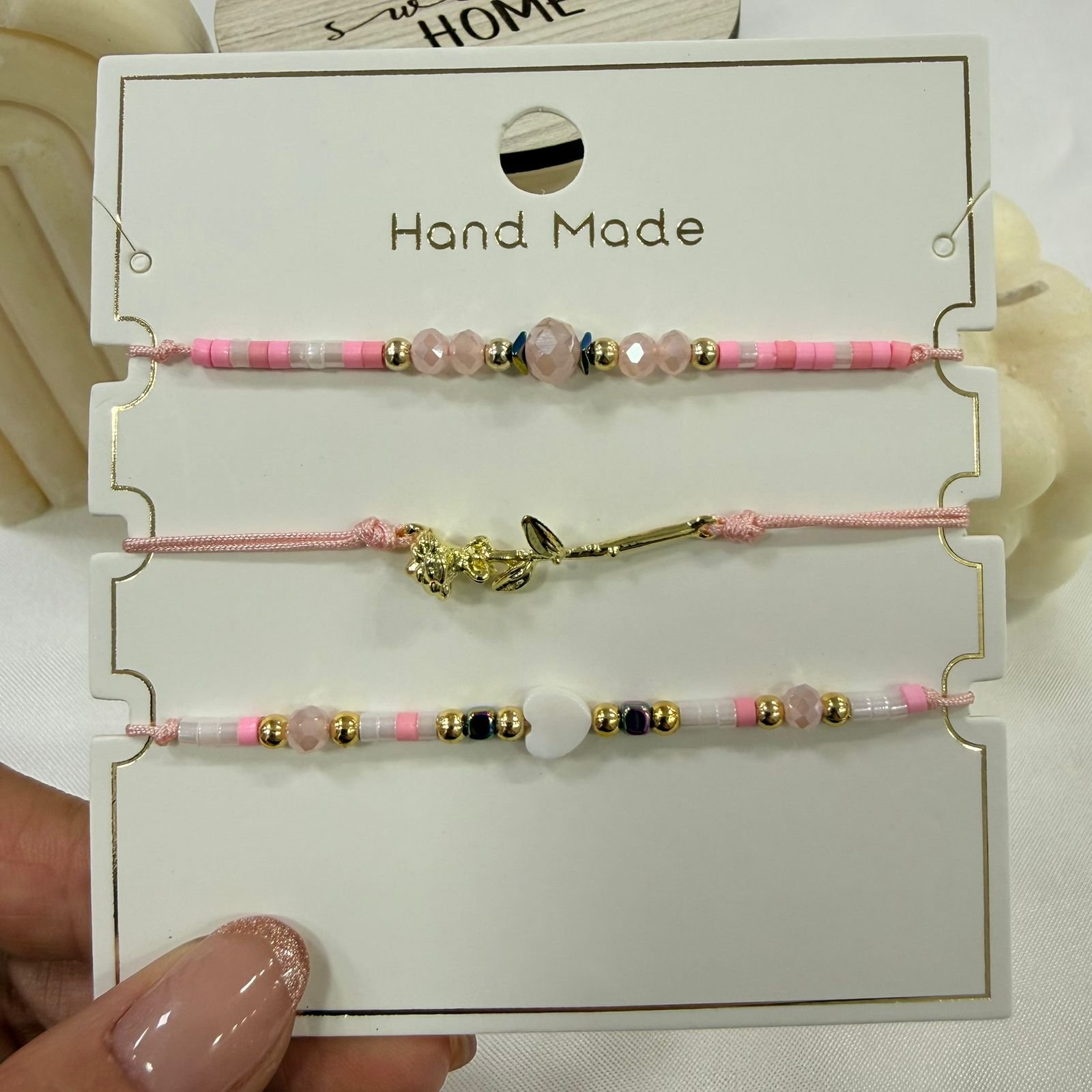 set x 3 pulseras extensibles encartonadas rosilla rosa