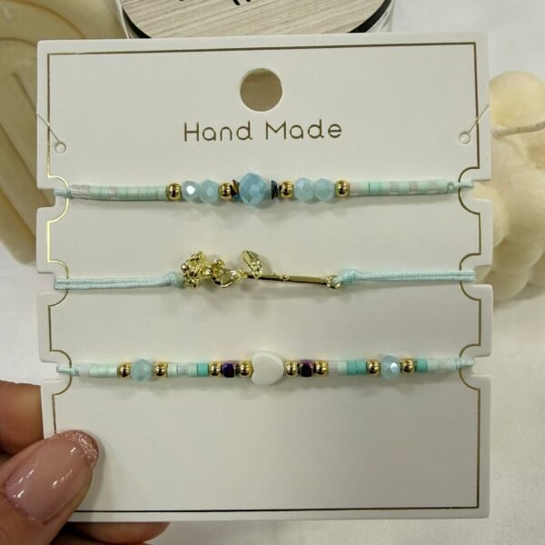 set x 3 pulseras extensibles encartonadas rosilla turqueza