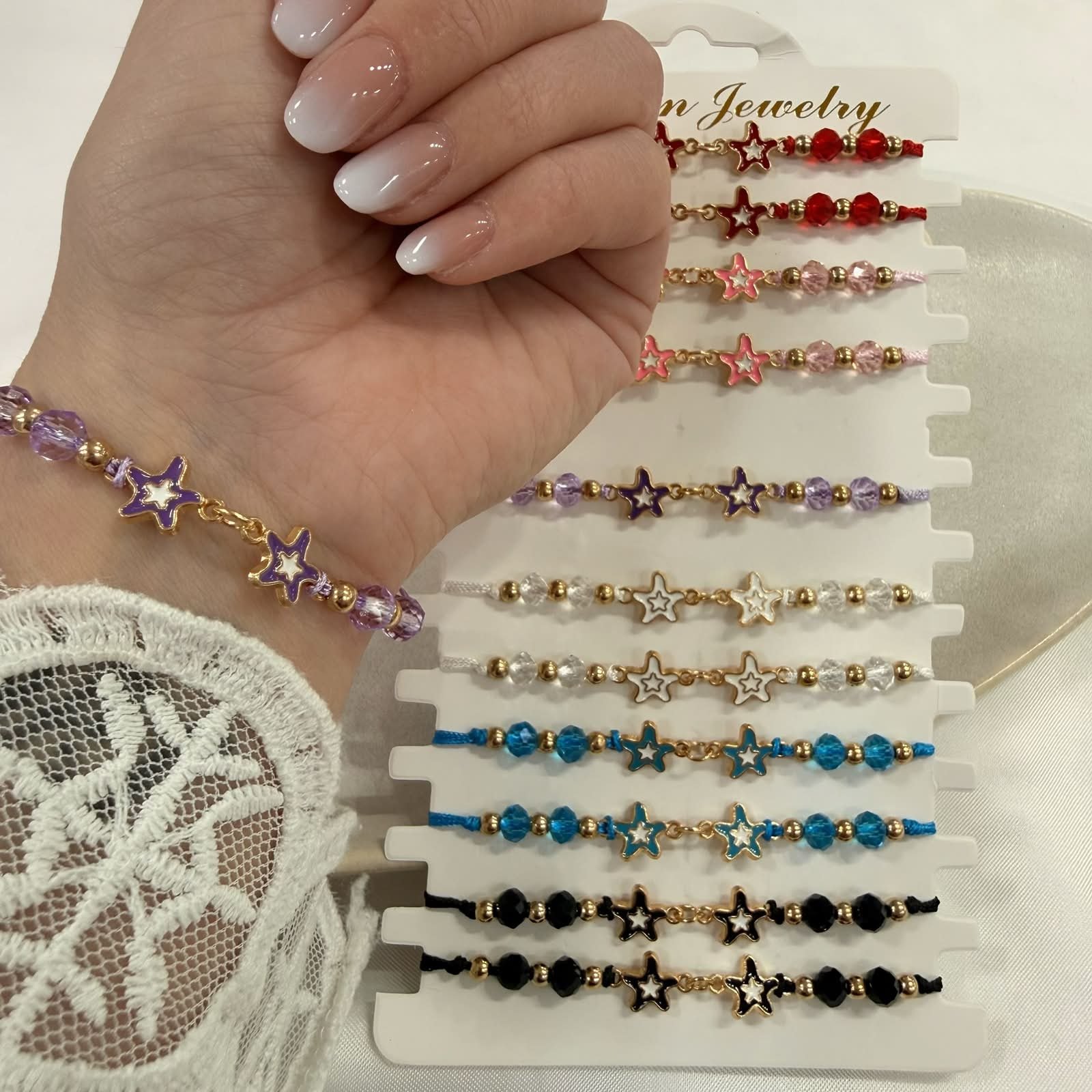 pulsera Van CL 13 estrella esmaltada ajustables con bolitas facetadas x unidad