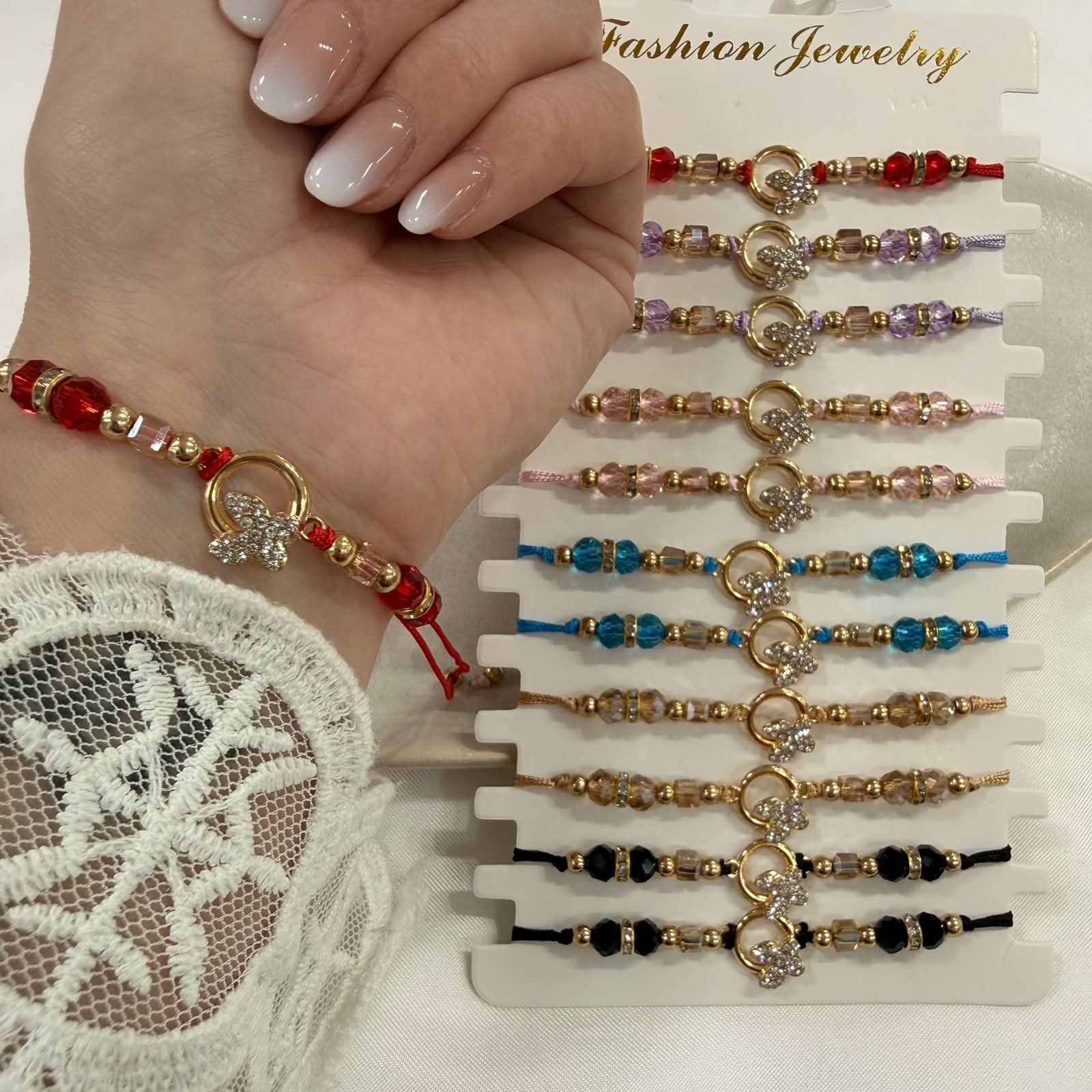 pulsera Van CL 11 mariposa ajustables con bolitas facetadas x 12 unidades