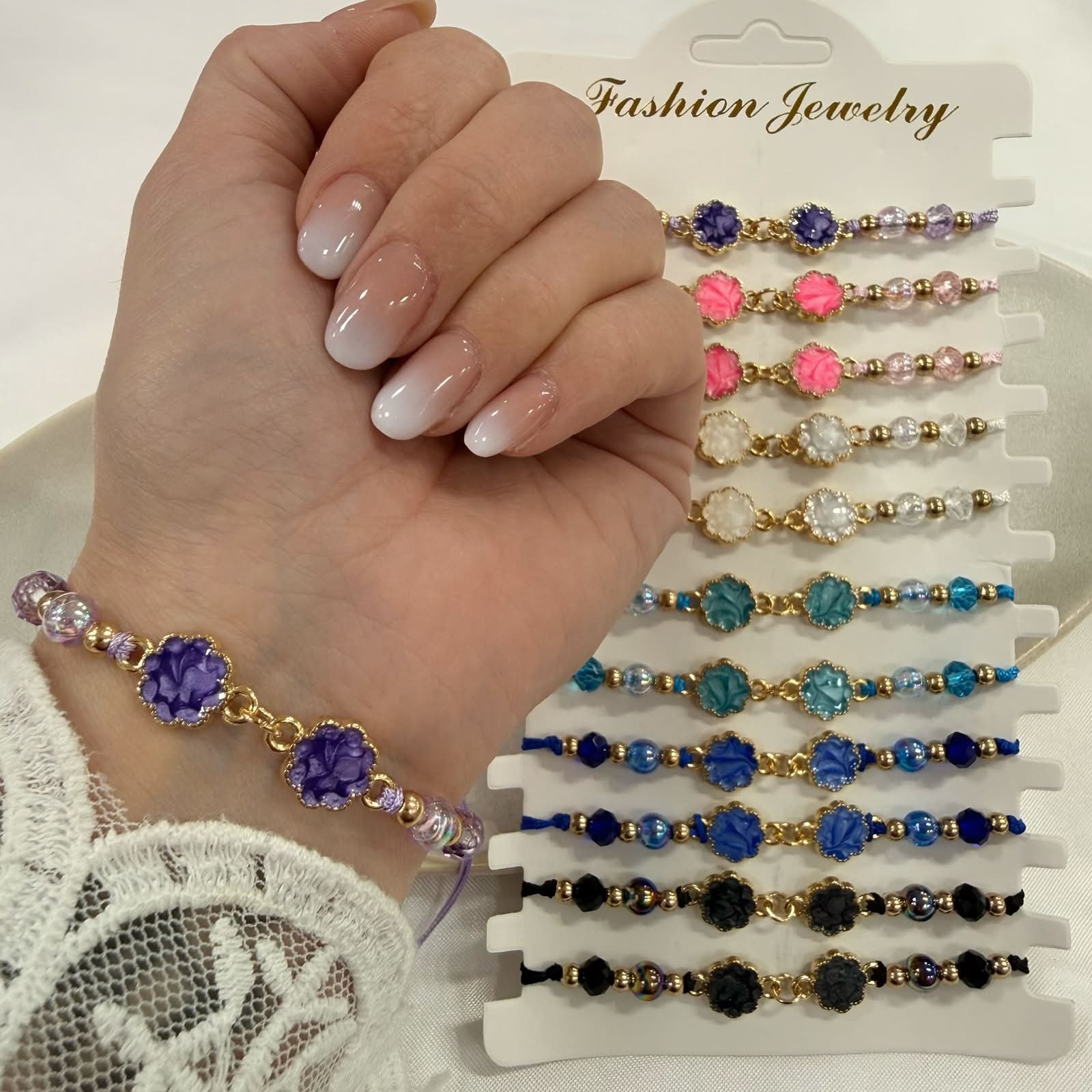 pulsera Van CL 10 flor ajustables con bolitas facetadas x unidad