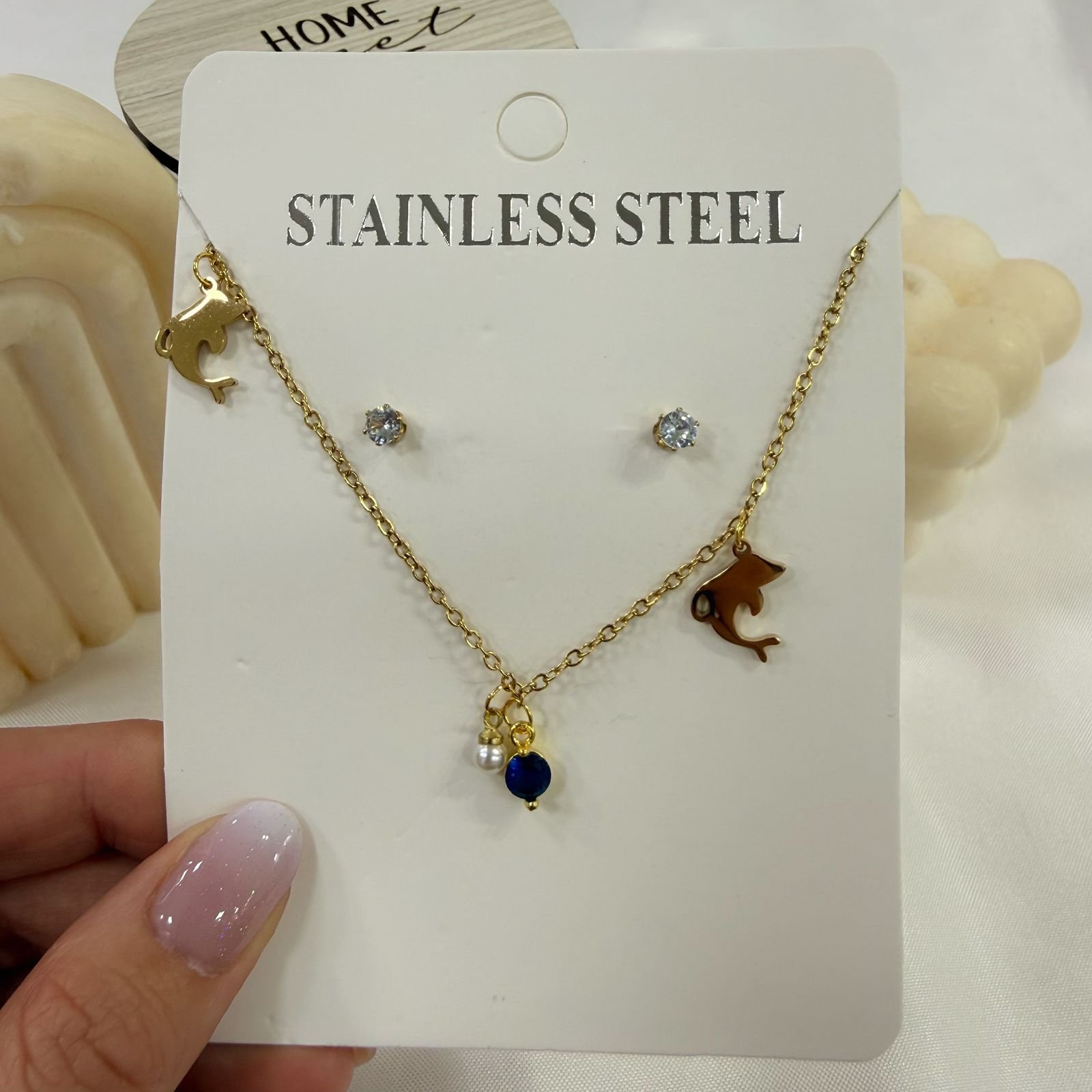 conjunto con dije dolphin cubic y aros dorado - Image 5