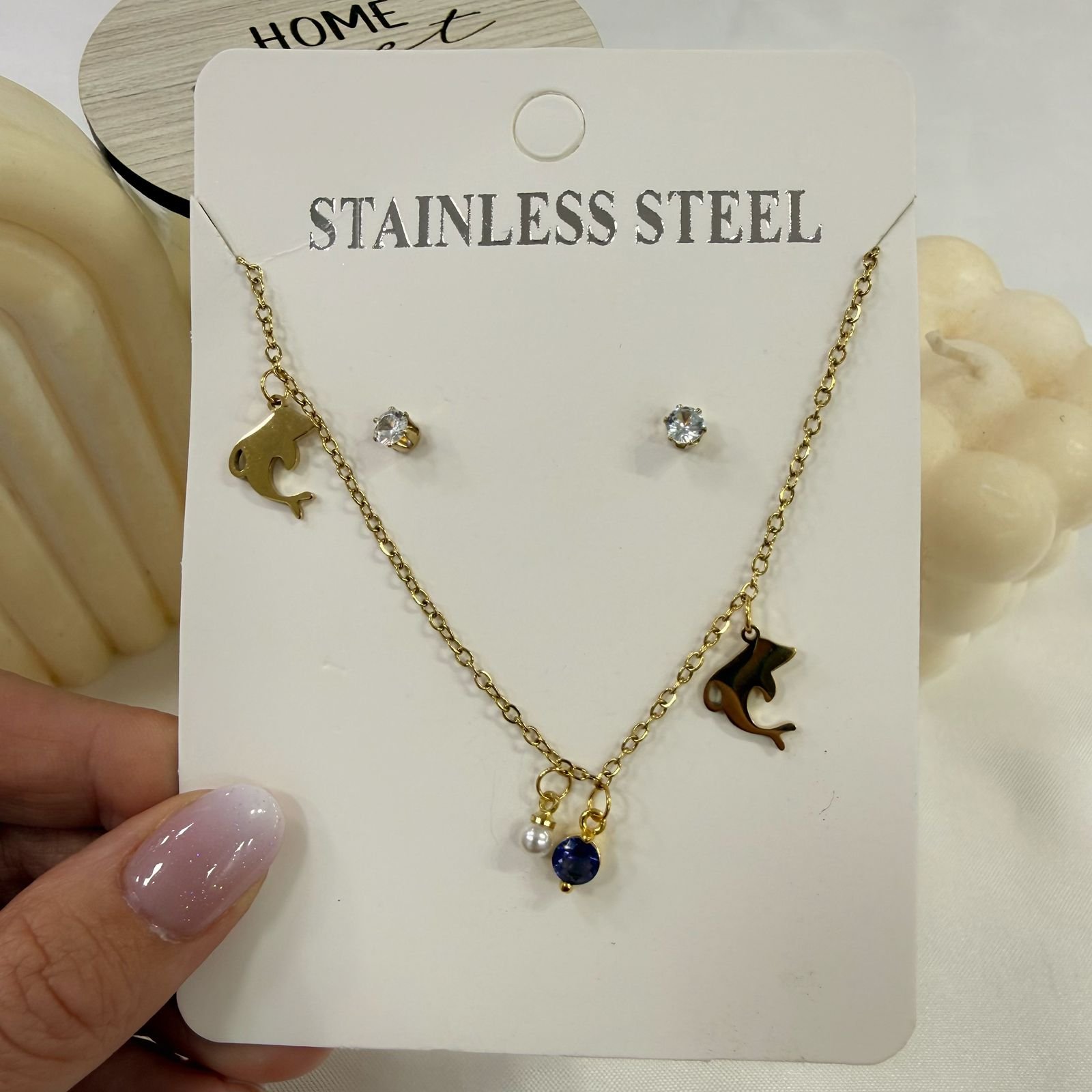 conjunto con dije dolphin cubic y aros dorado - Image 2