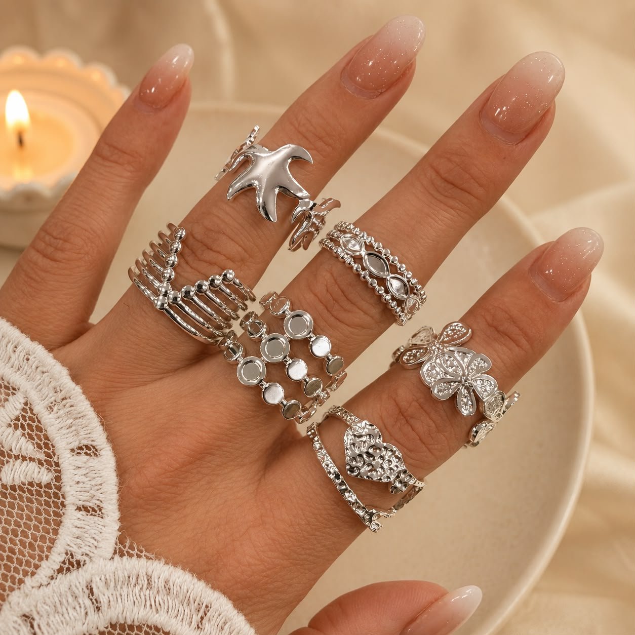 a a kit x 6 anillos ACERO BLANCO REGULABLES mix 27