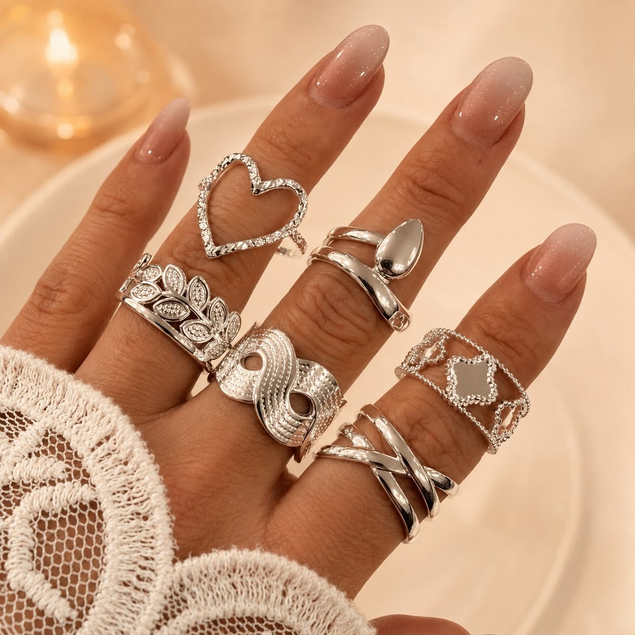 a a kit x 6 anillos ACERO BLANCO REGULABLES mix 24
