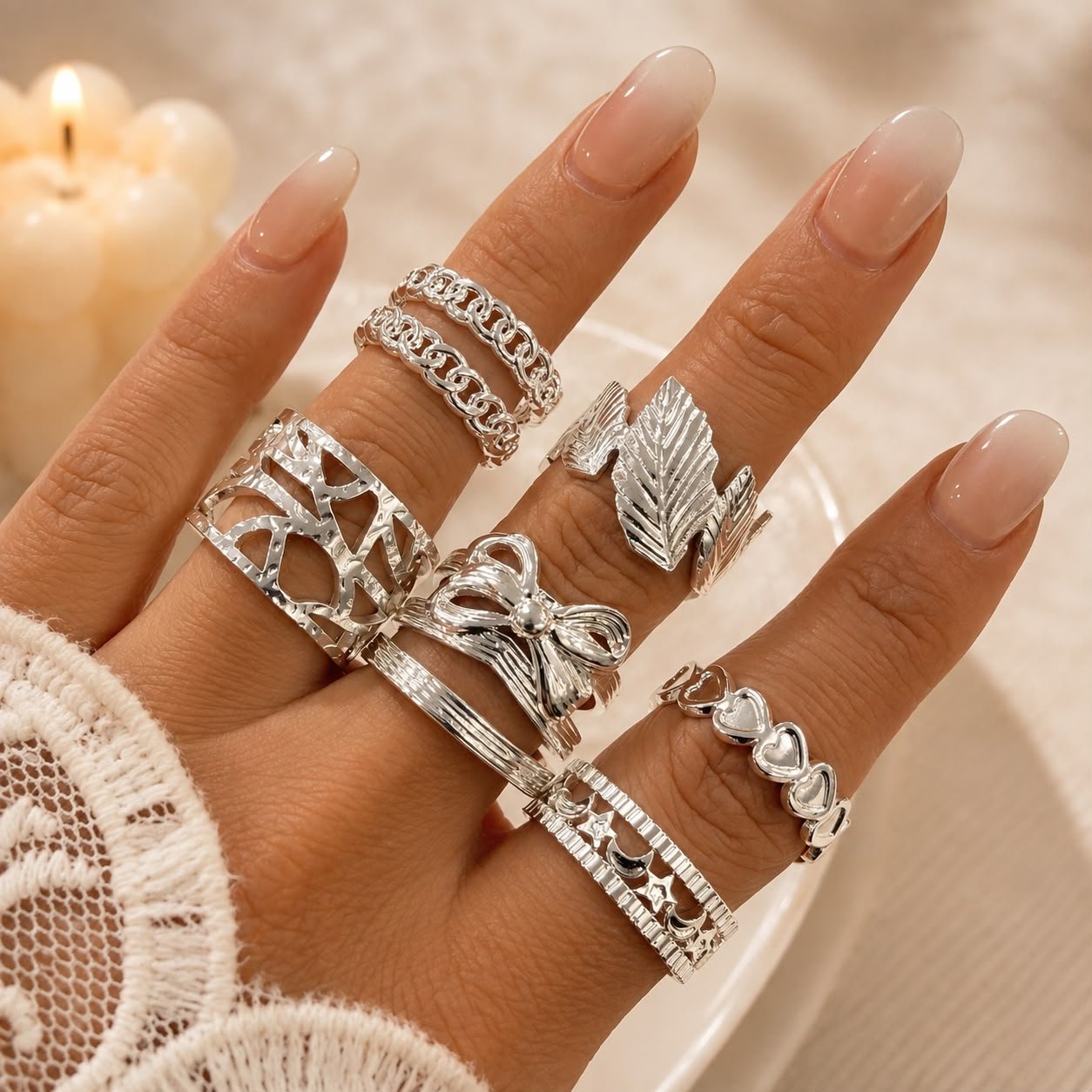 a a kit x 6 anillos ACERO BLANCO REGULABLES mix 28