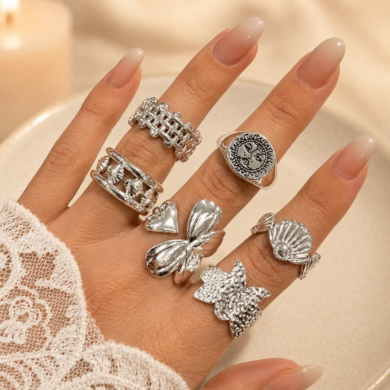 a a kit x 6 anillos ACERO BLANCO REGULABLES mix 26
