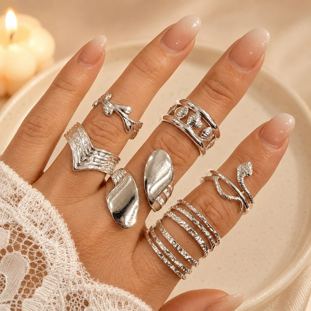 a a kit x 6 anillos ACERO BLANCO REGULABLES mix 23
