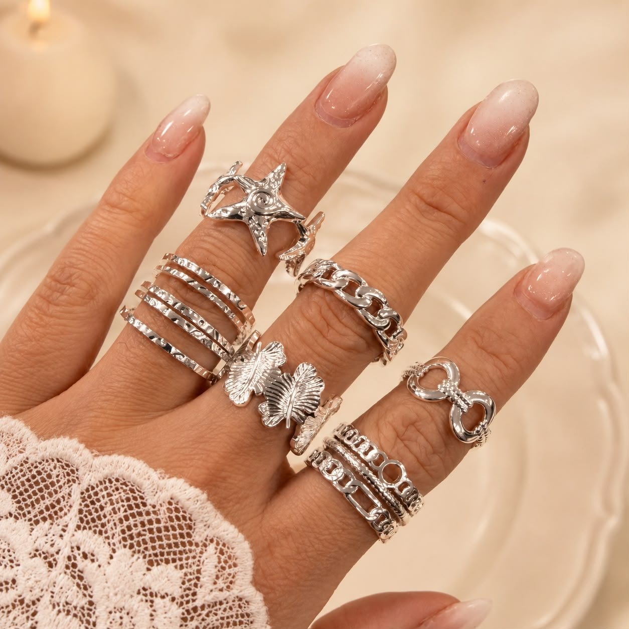 a a kit x 6 anillos ACERO BLANCO REGULABLES mix 25