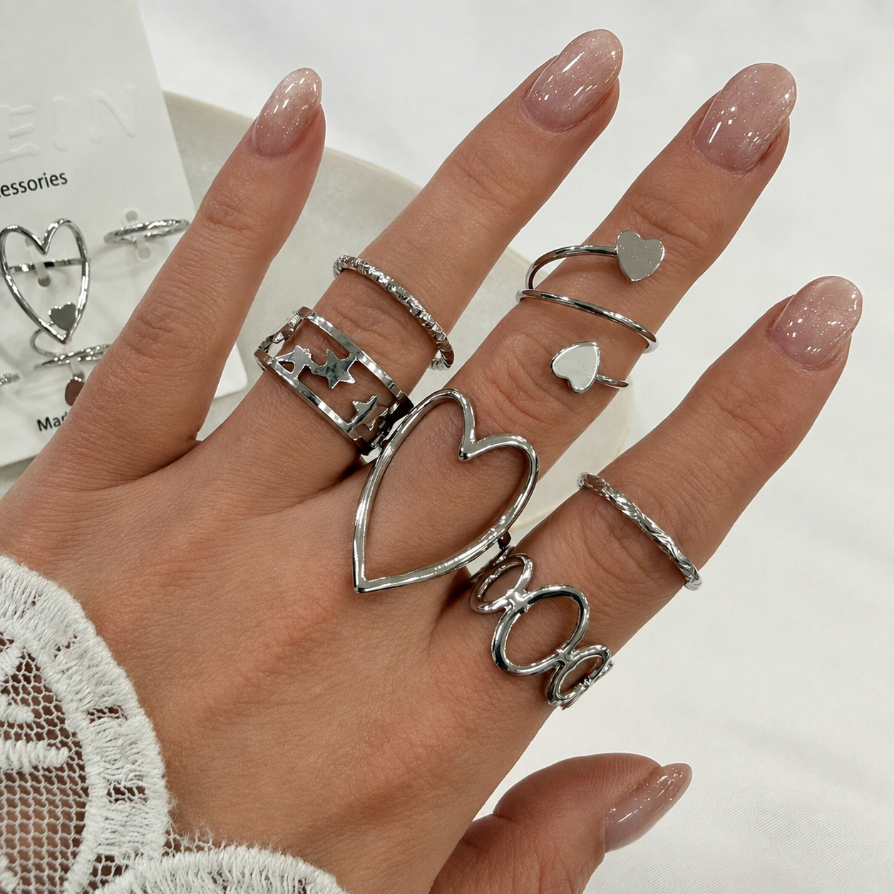 a 0 set x 6 anillos plateados modelo 12