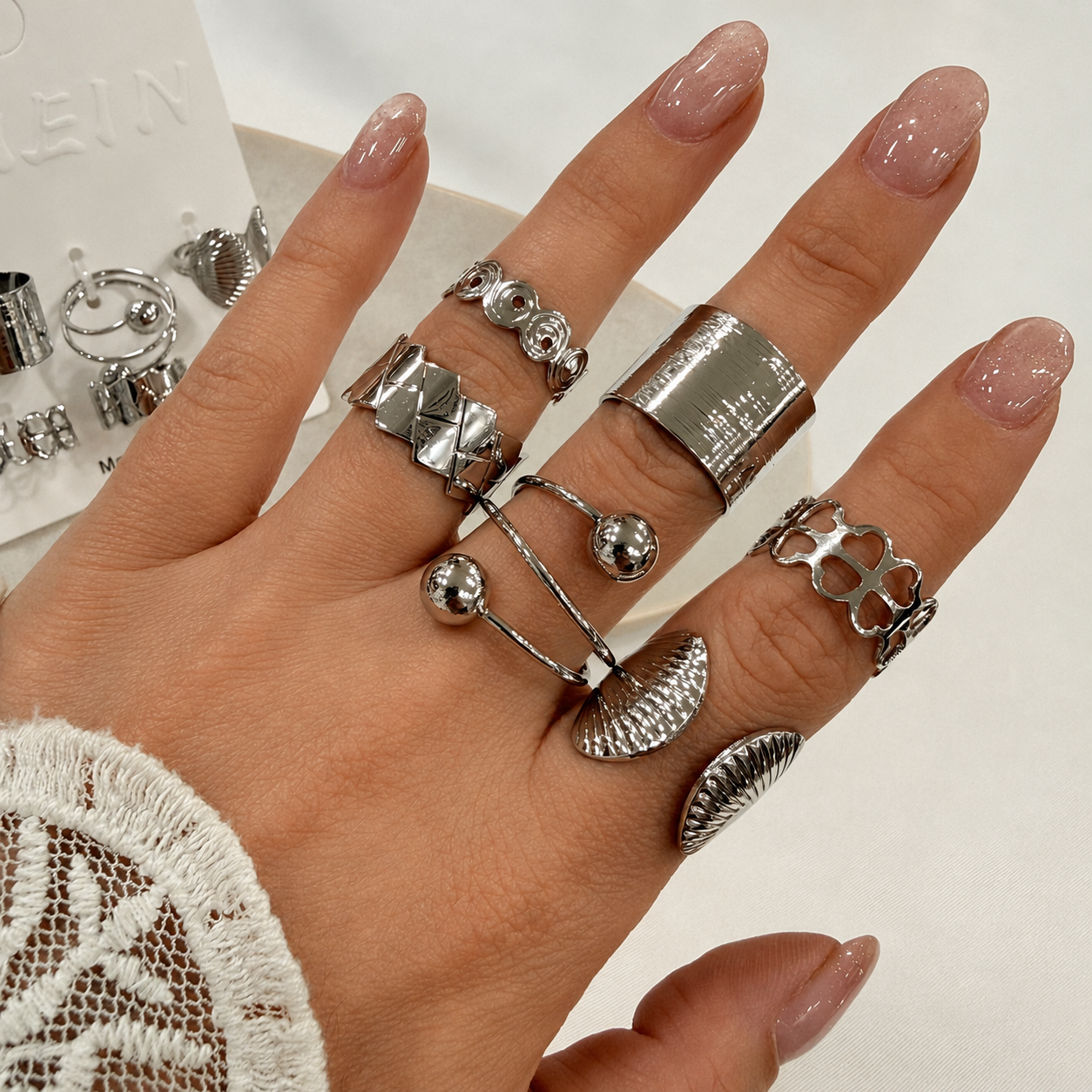a 0 set x 6 anillos plateados modelo 17