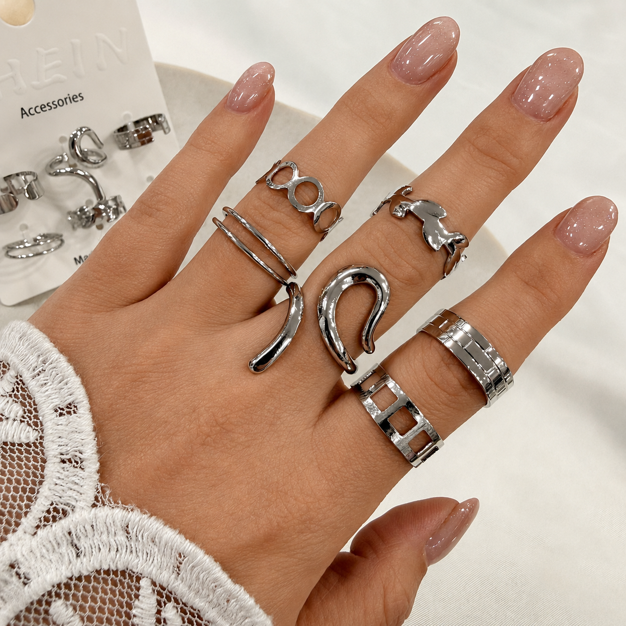 a 0 set x 6 anillos plateados modelo 16