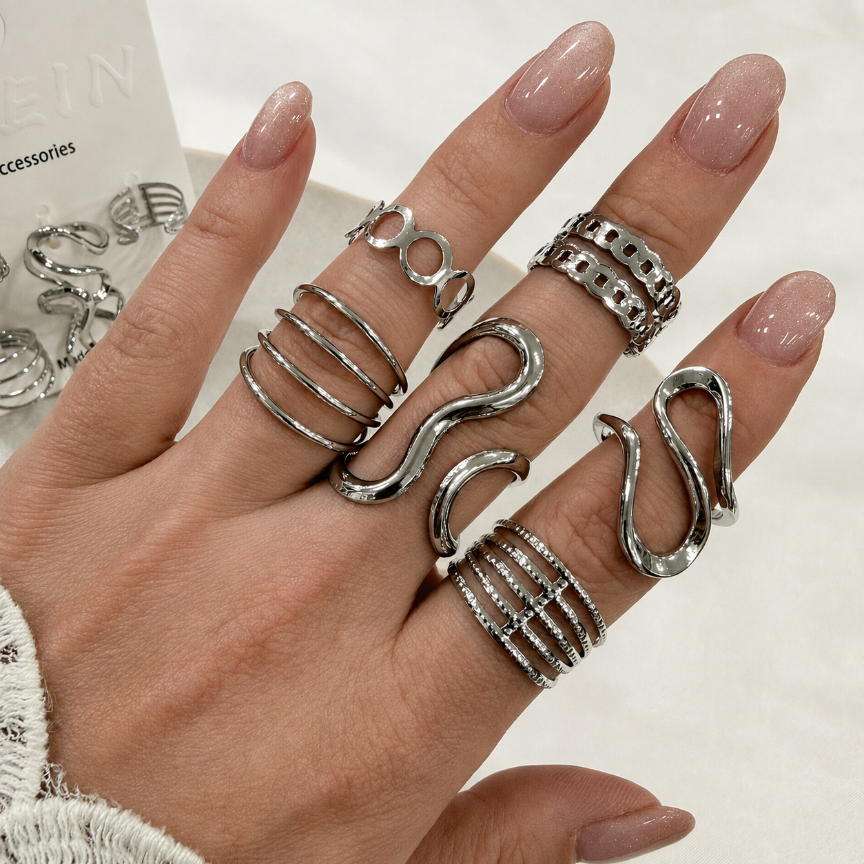 a 0 set x 6 anillos plateados modelo 18