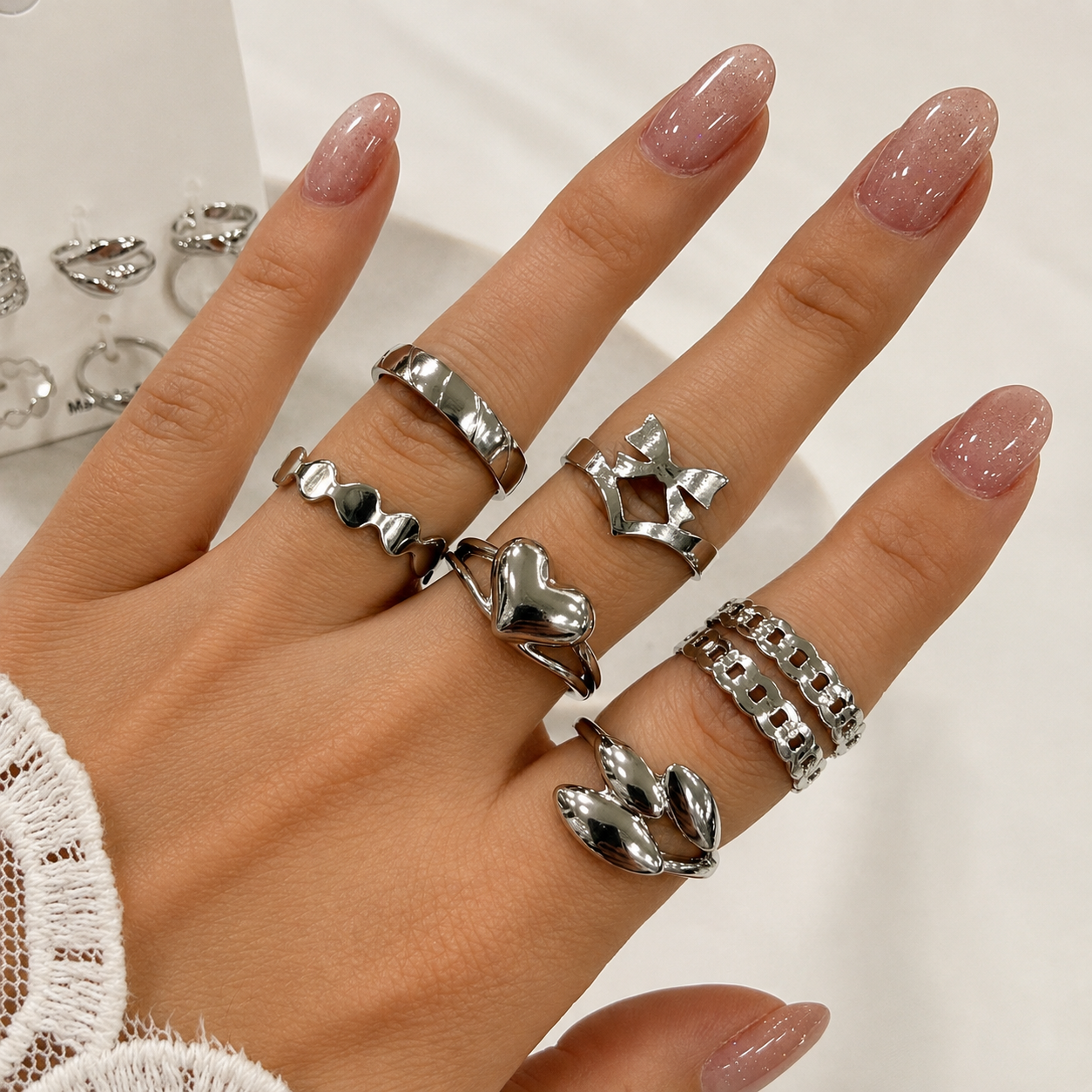 a 0 set x 6 anillos plateados modelo 13