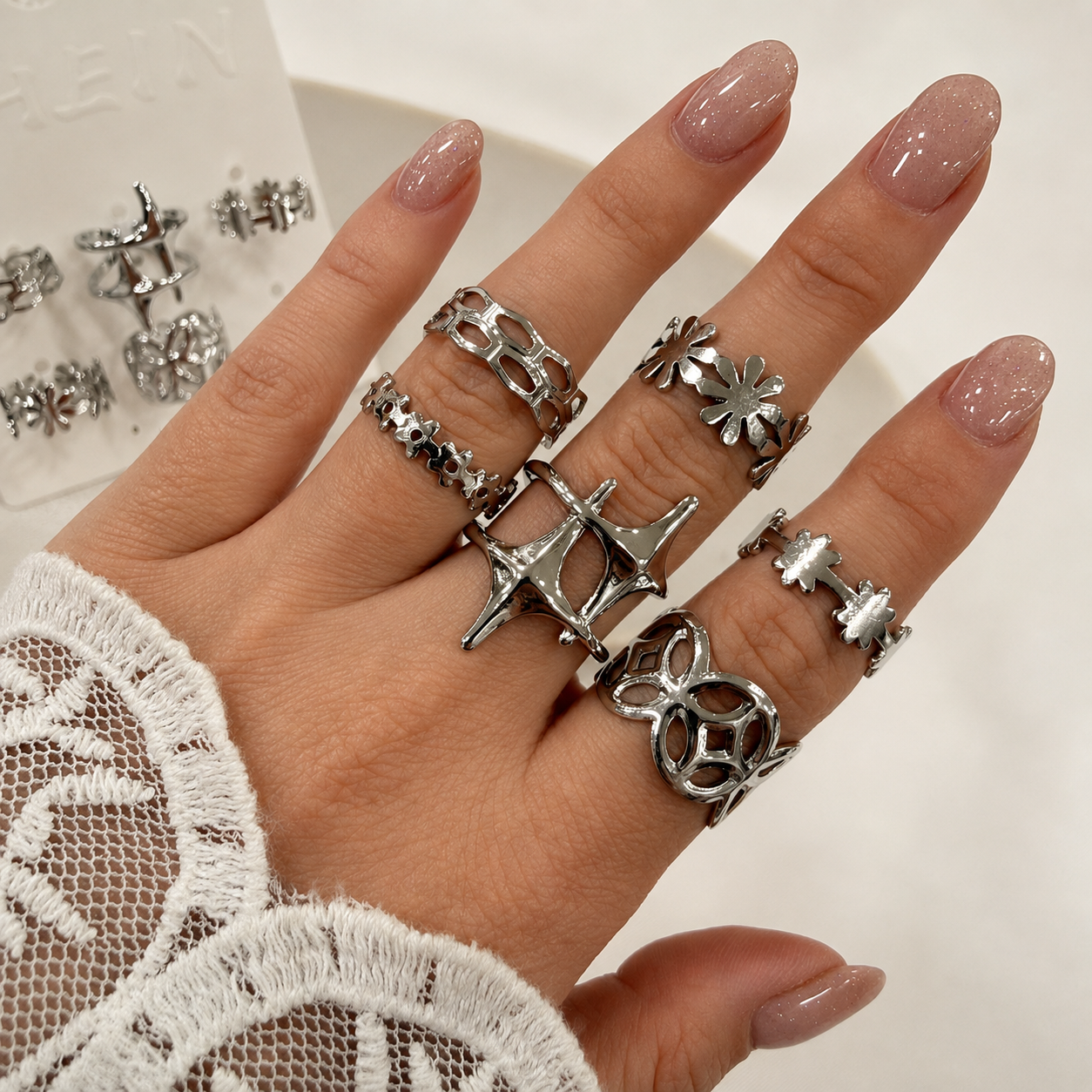 a 0 set x 6 anillos plateados modelo 20