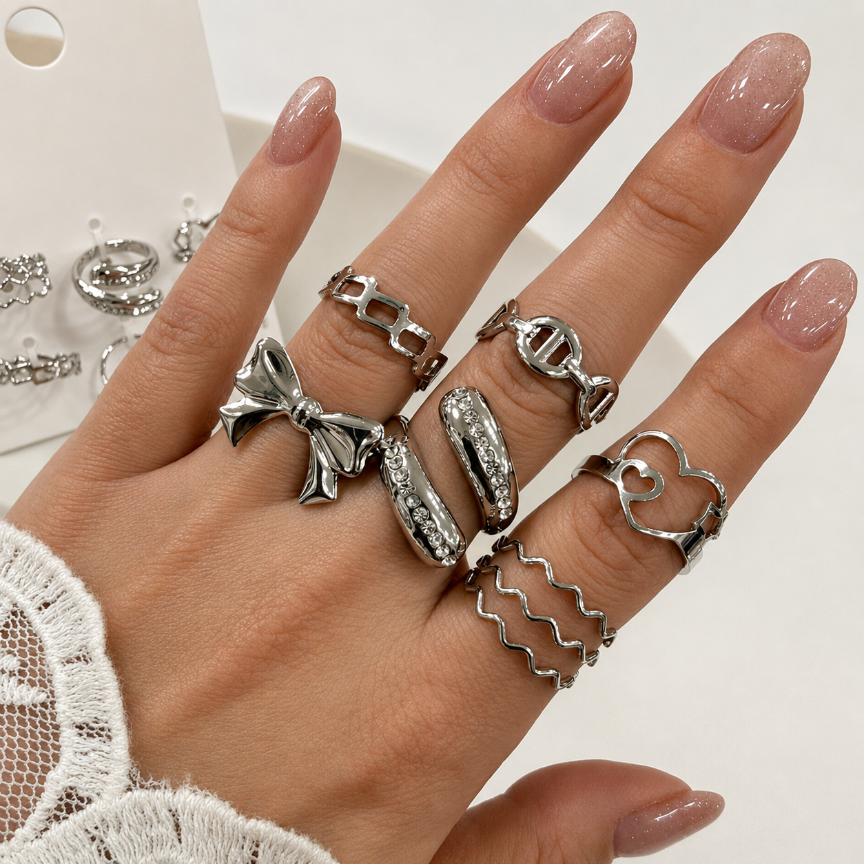 a 0 set x 6 anillos plateados modelo 14