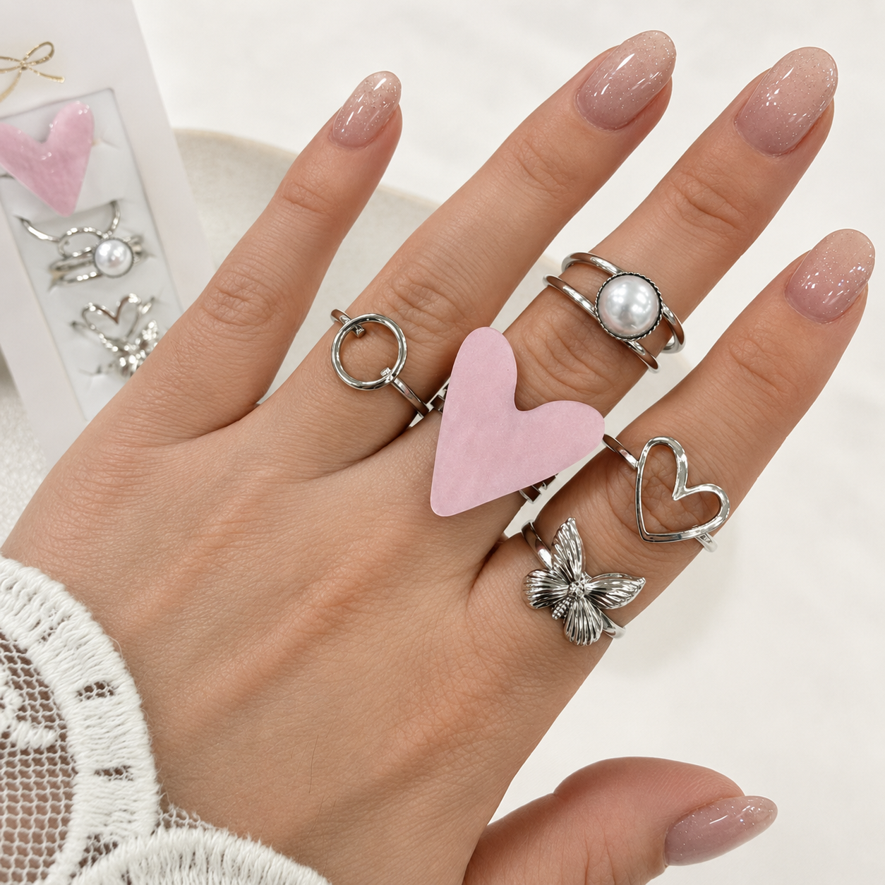 a 0 set x 6 anillos plateados modelo 1