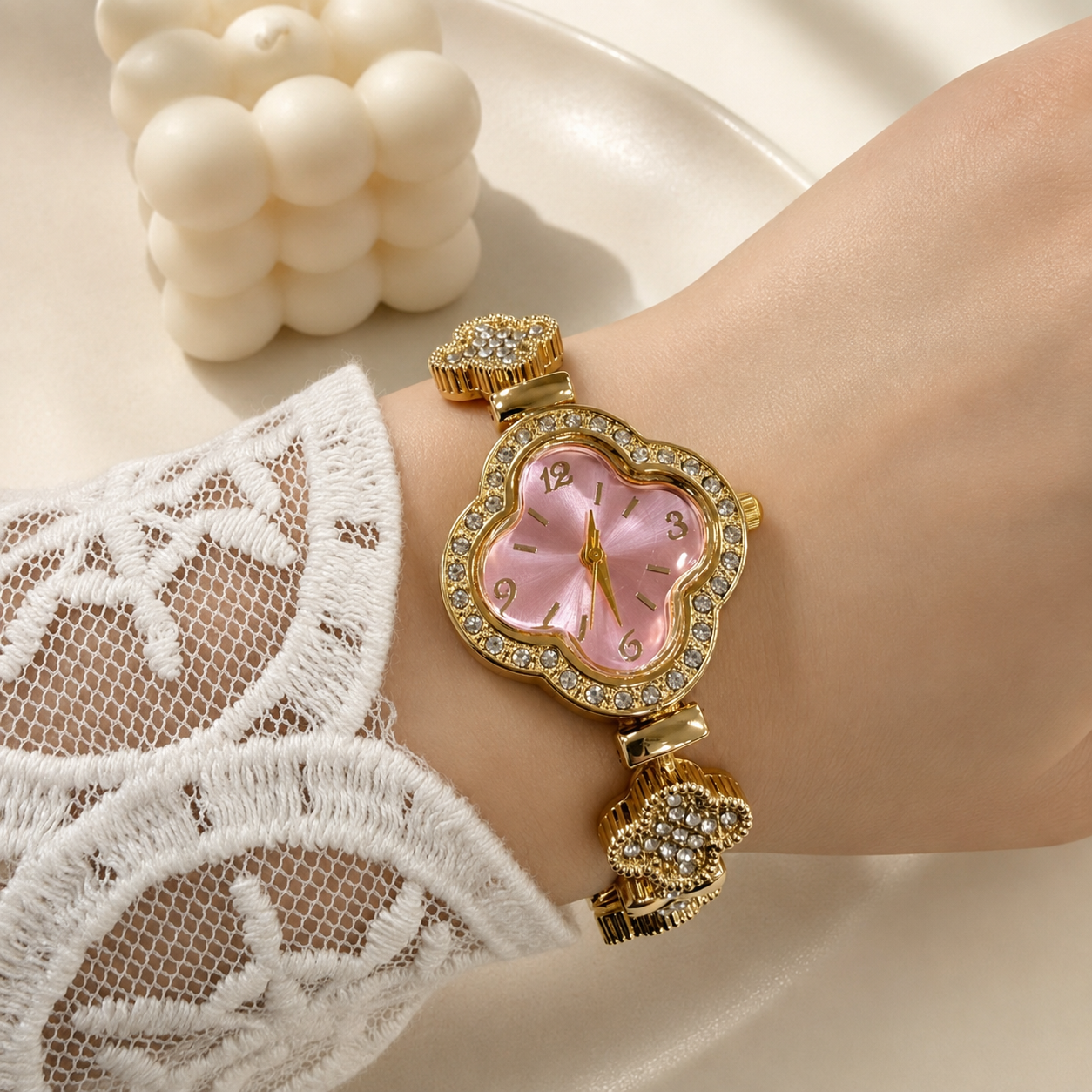 Reloj 1 rosa pulsera dorada