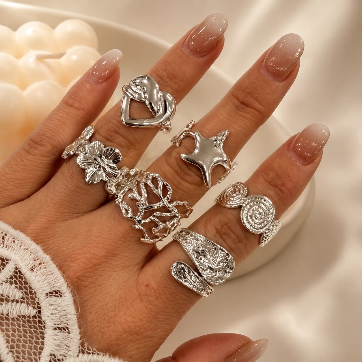 a a kit x 6 anillos ACERO BLANCO REGULABLES mix 7