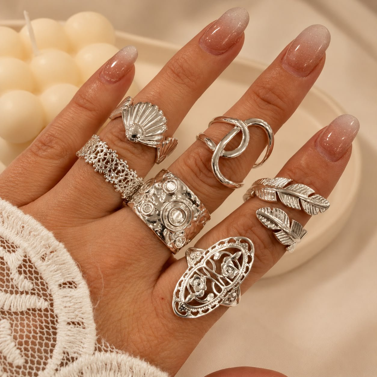 a a kit x 6 anillos ACERO BLANCO REGULABLES mix 6