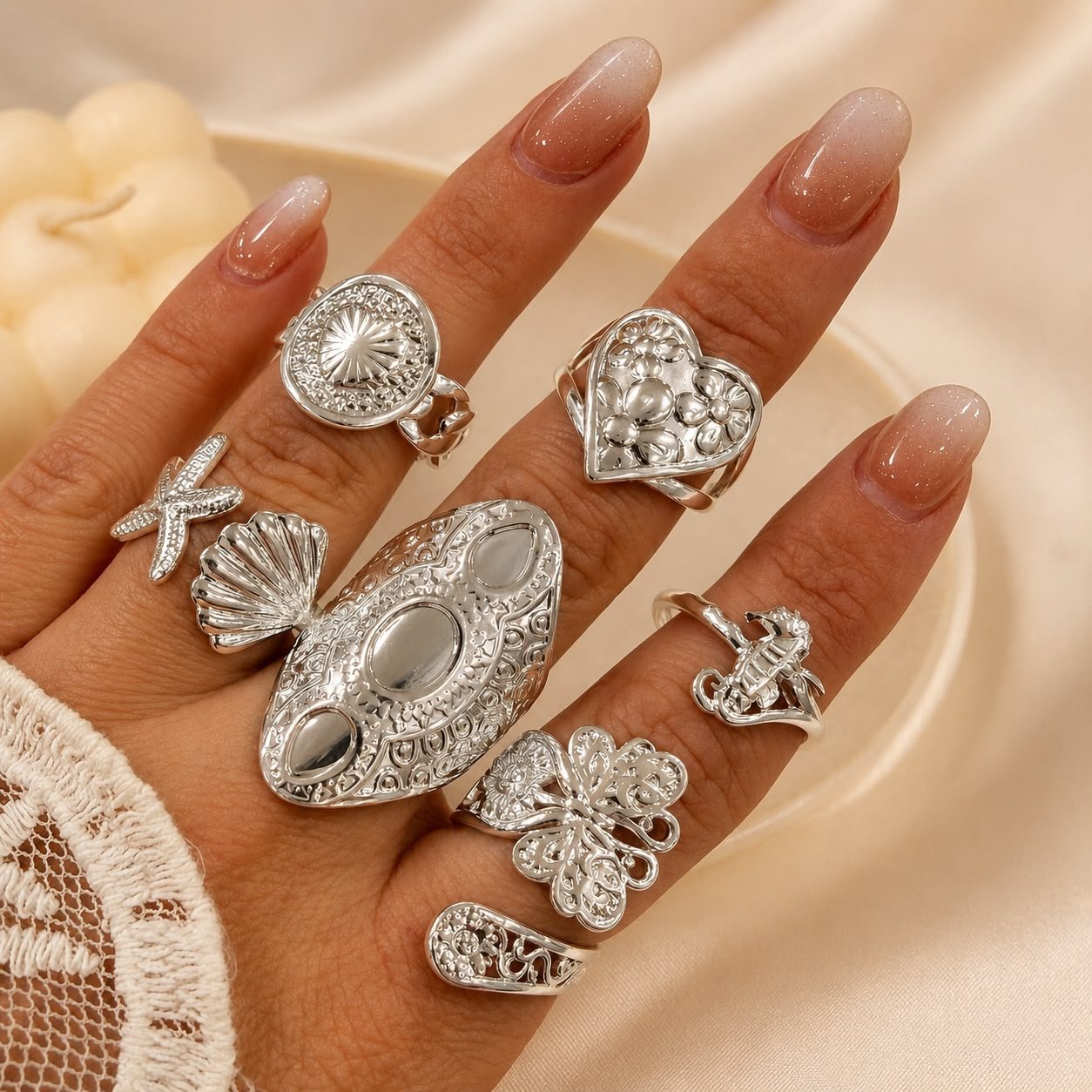 a a kit x 6 anillos ACERO BLANCO REGULABLES mix 5
