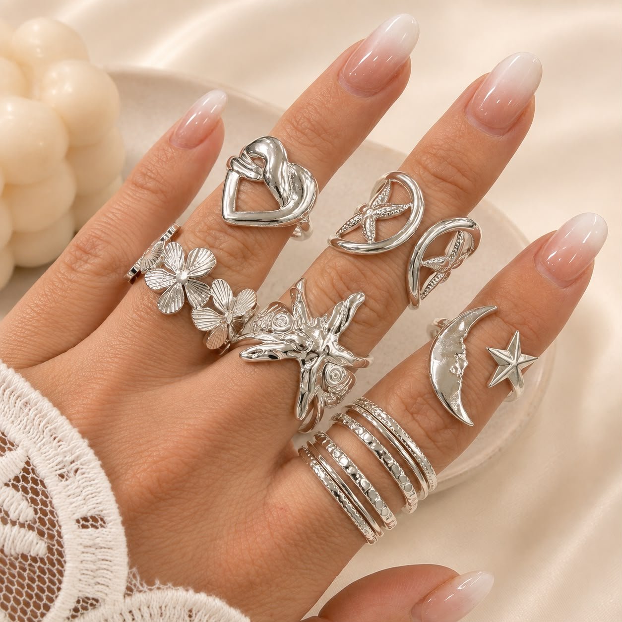 a a kit x 6 anillos ACERO BLANCO REGULABLES mix 11