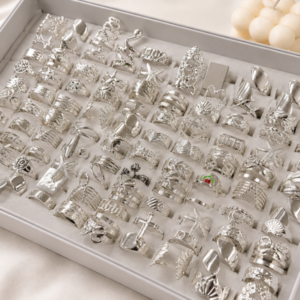 a a kit CAJA x 100 anillos ACERO BLANCO mix 2 exhibidor con tapa de regalo