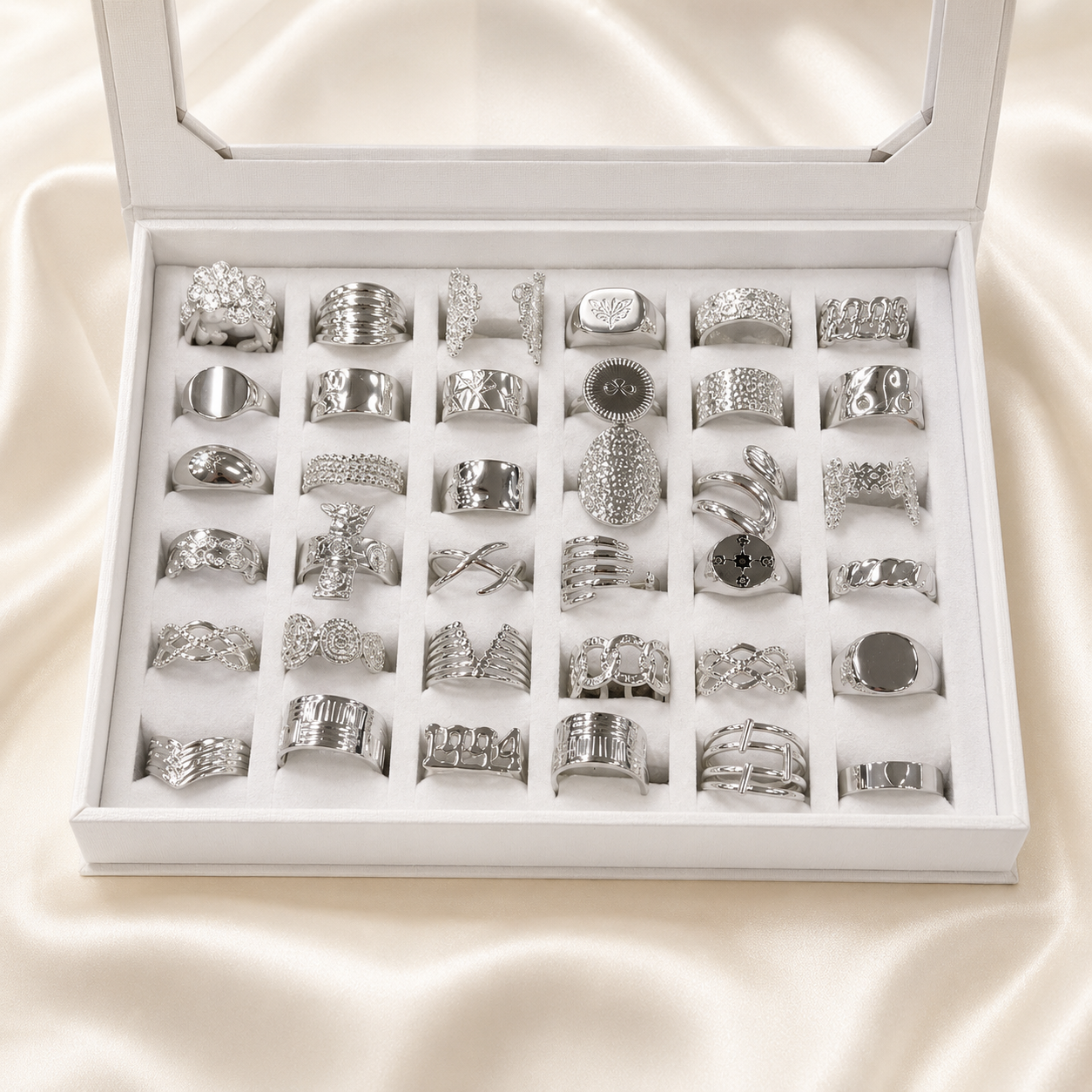 a a kit CAJA x 36 anillos regulables ACERO BLANCO con caja de regalo mod 3