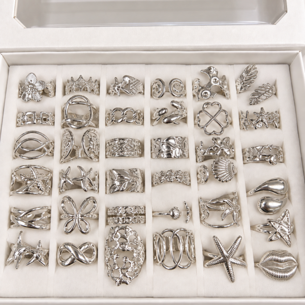 a a kit CAJA x 36 anillos regulables ACERO BLANCO con caja de regalo mod 7