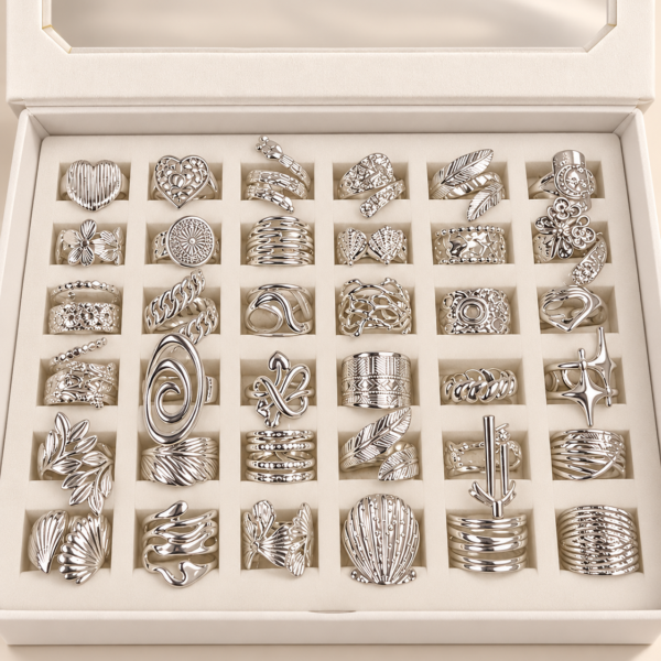 a a kit CAJA x 36 anillos regulables ACERO BLANCO con caja de regalo mod 8