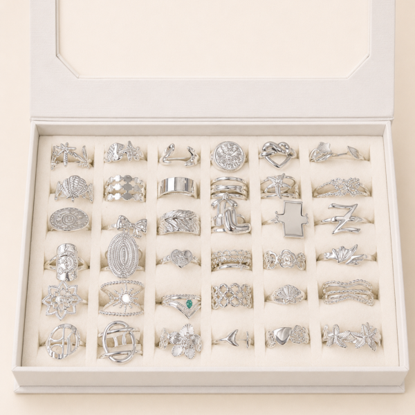 a a kit CAJA x 36 anillos regulables ACERO BLANCO con caja de regalo mod 5