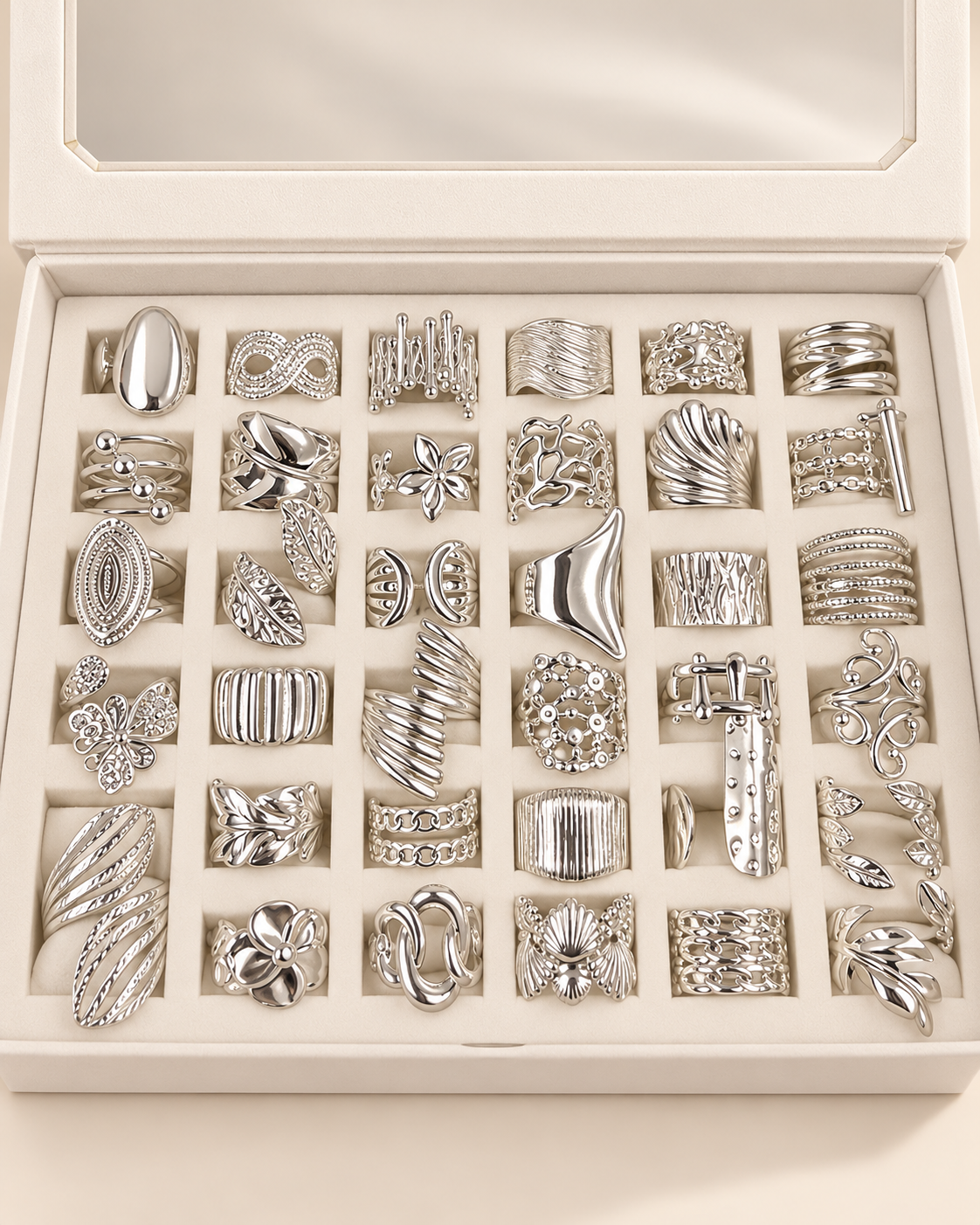 a a kit CAJA x 36 anillos regulables ACERO BLANCO con caja de regalo mod 9