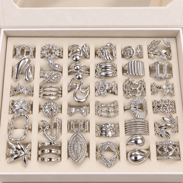 a a kit CAJA x 36 anillos regulables ACERO BLANCO con caja de regalo mod 11