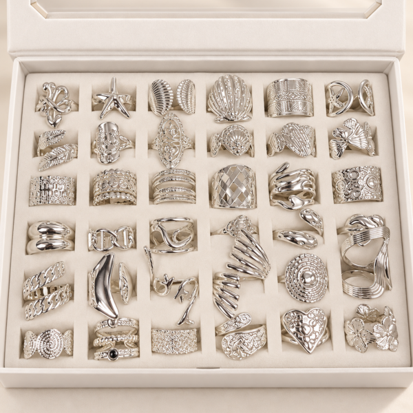 a a kit CAJA x 36 anillos regulables ACERO BLANCO con caja de regalo mod 2