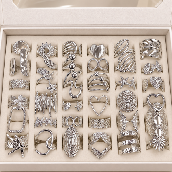 a a kit CAJA x 36 anillos regulables ACERO BLANCO con caja de regalo mod 9