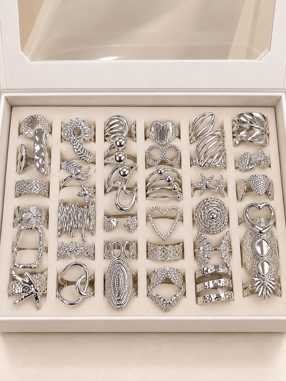 a a kit CAJA x 36 anillos regulables ACERO BLANCO con caja de regalo mod 9