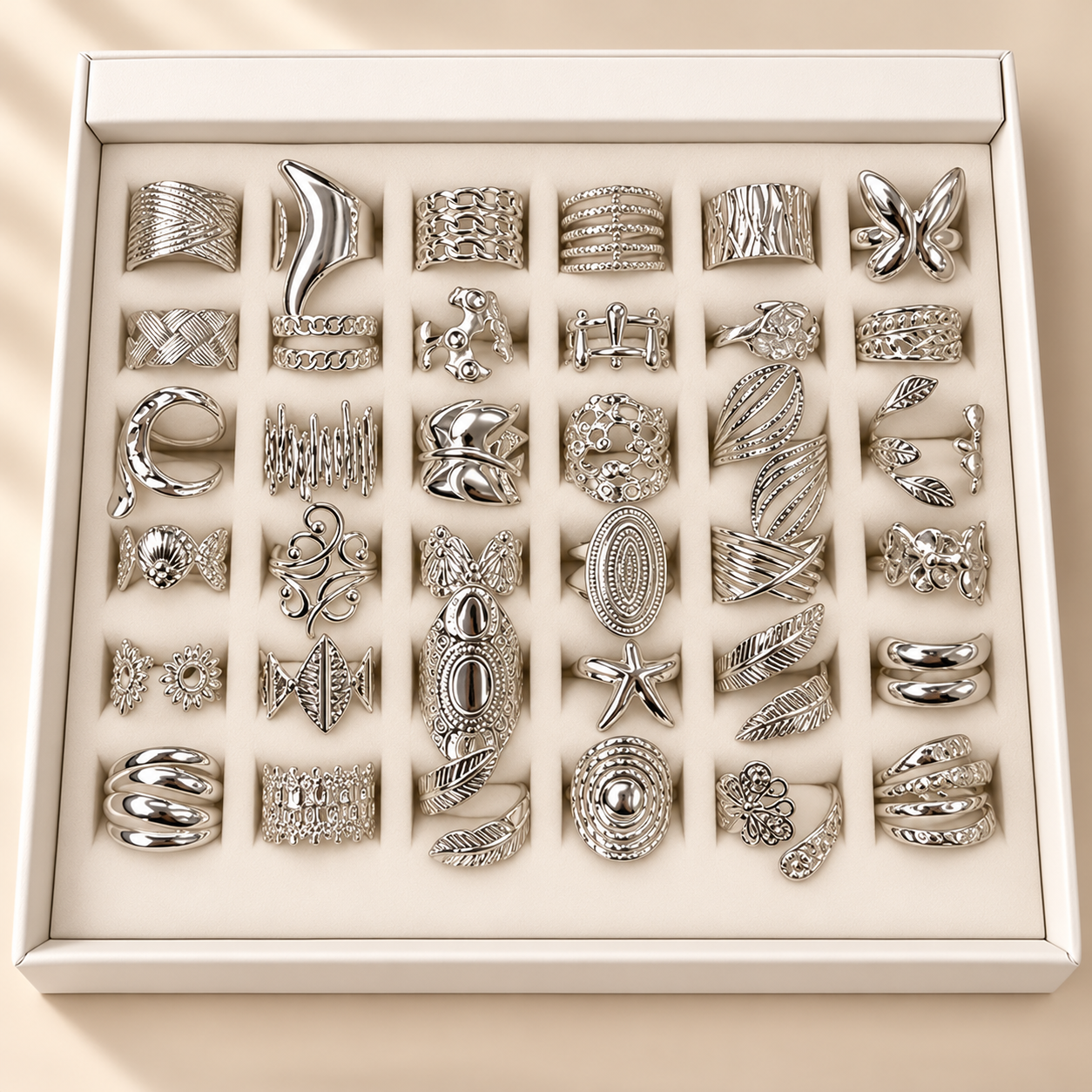 a a kit CAJA x 36 anillos regulables ACERO BLANCO con caja de regalo mod 1