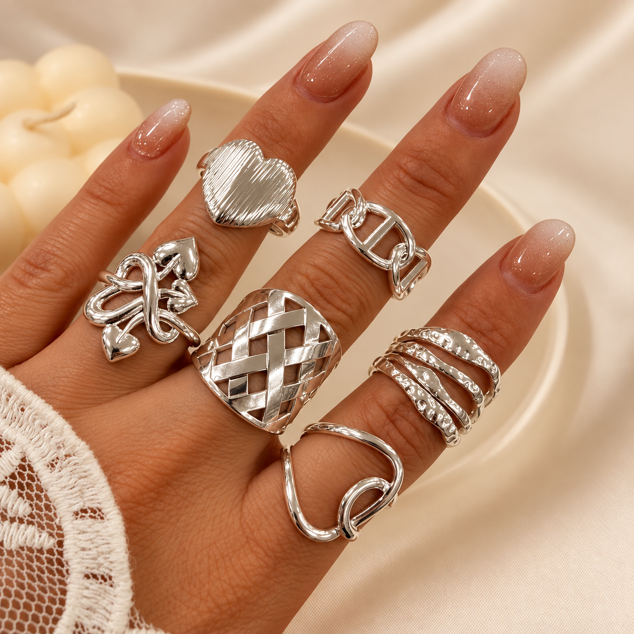 a a kit x 6 anillos ACERO BLANCO REGULABLES mix 37