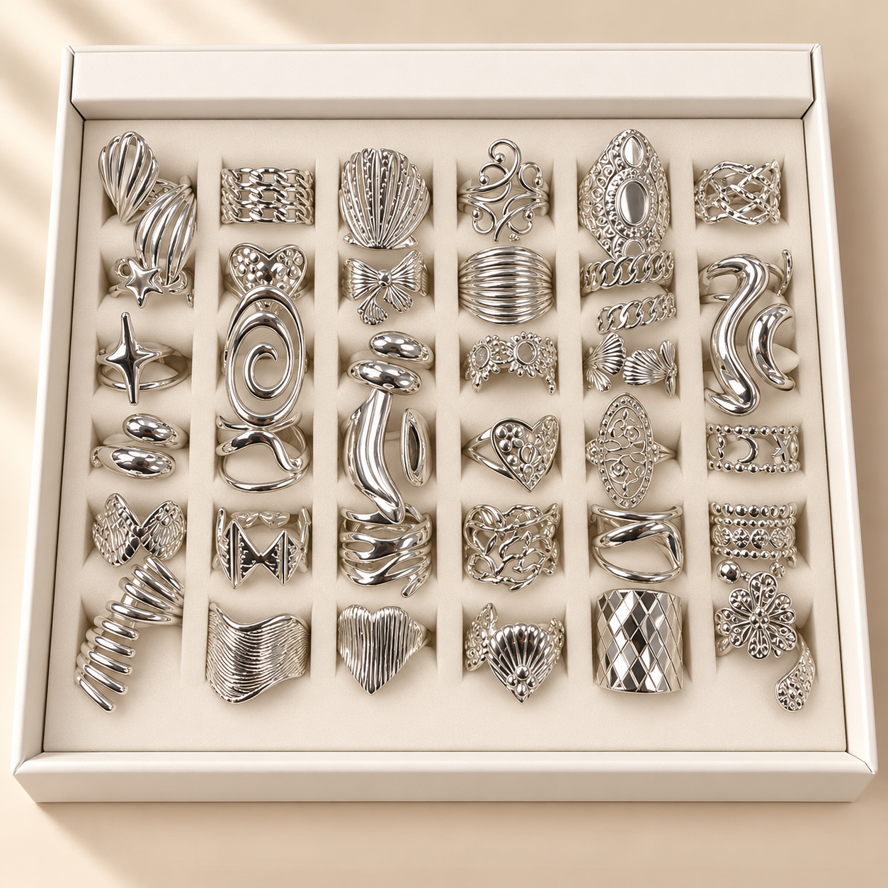 a a kit CAJA x 36 anillos regulables ACERO BLANCO con caja de regalo mod 2