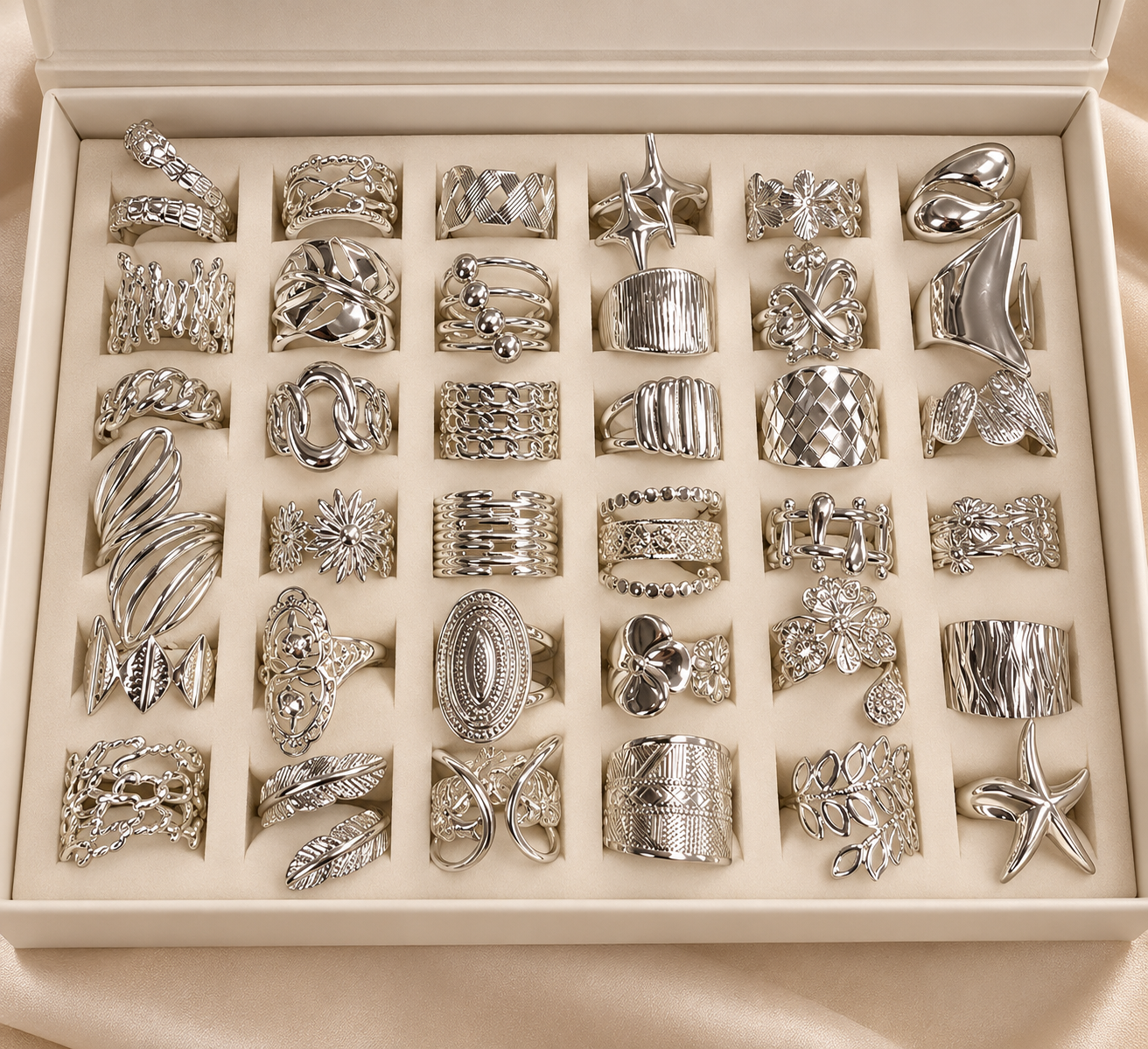a a kit CAJA x 36 anillos regulables ACERO BLANCO con caja de regalo mod 3