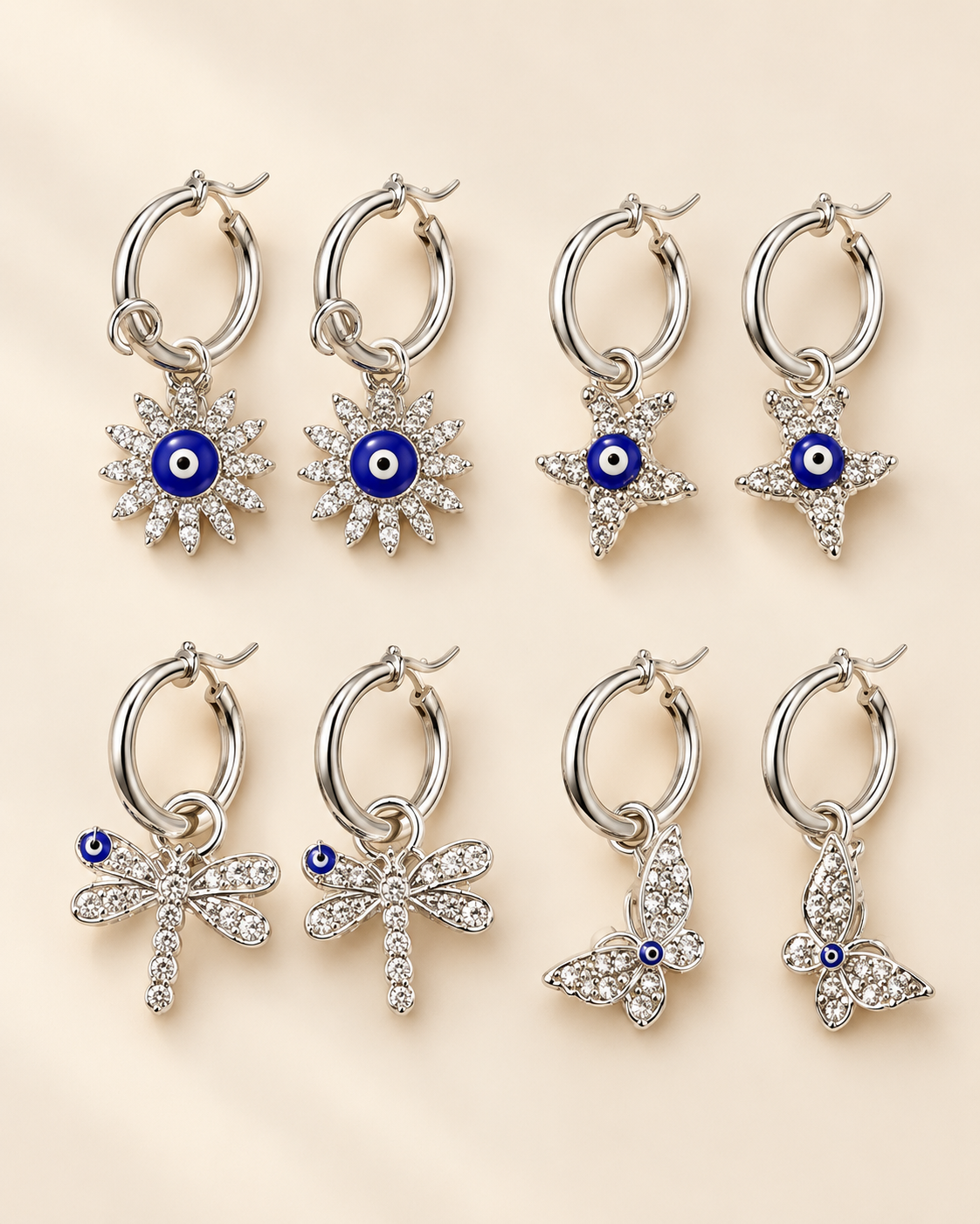 0a kit x 4 pares aros argollas con dijes a.b mod ojito