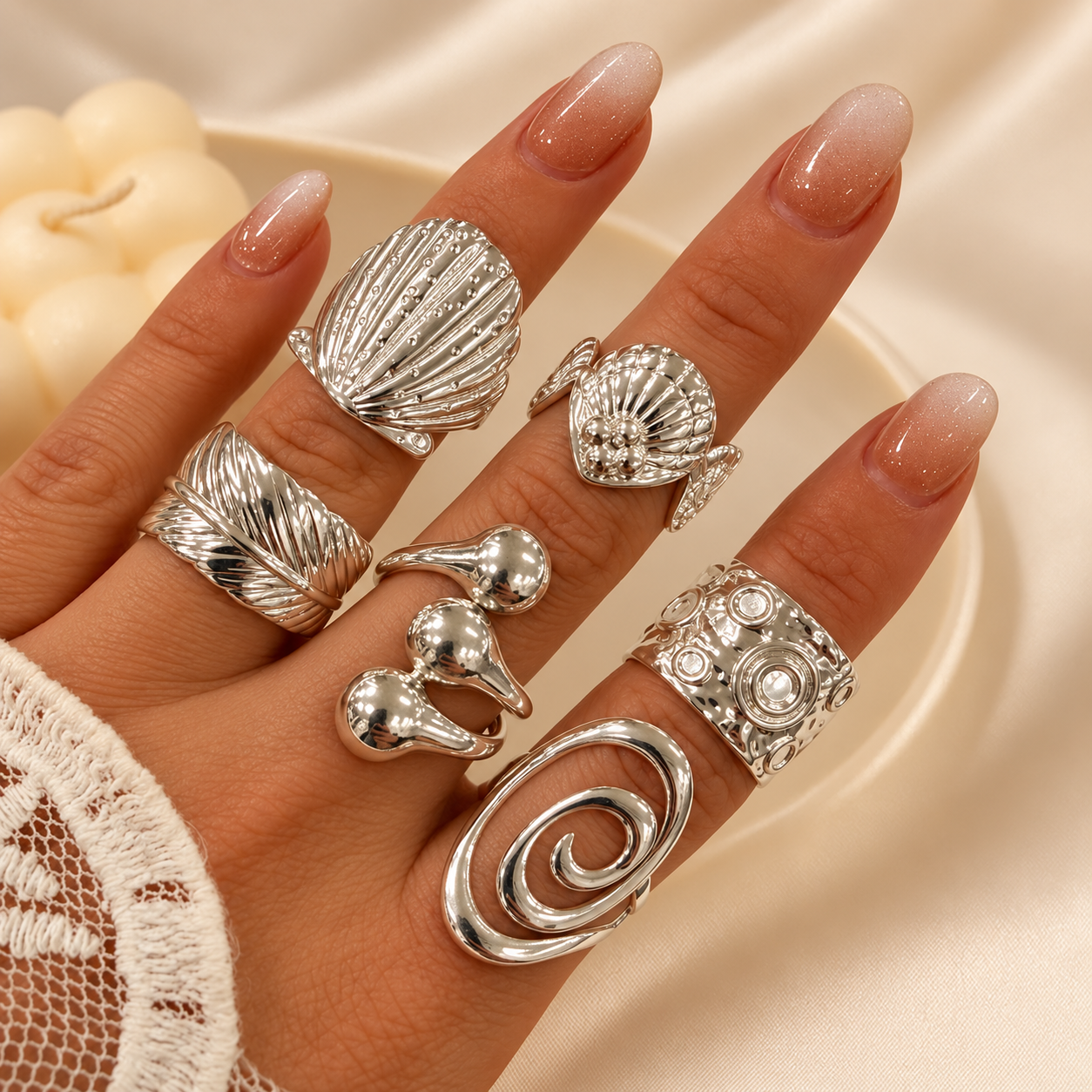 a a kit x 6 anillos ACERO BLANCO REGULABLES mix 32