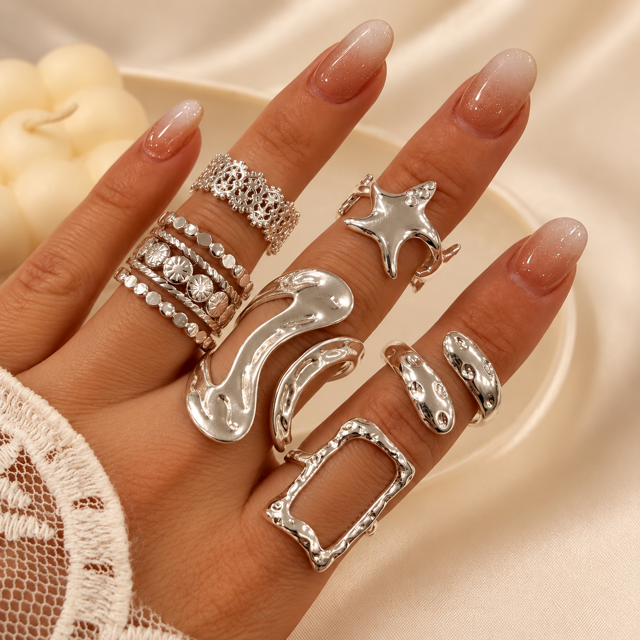 a a kit x 6 anillos ACERO BLANCO REGULABLES mix 36
